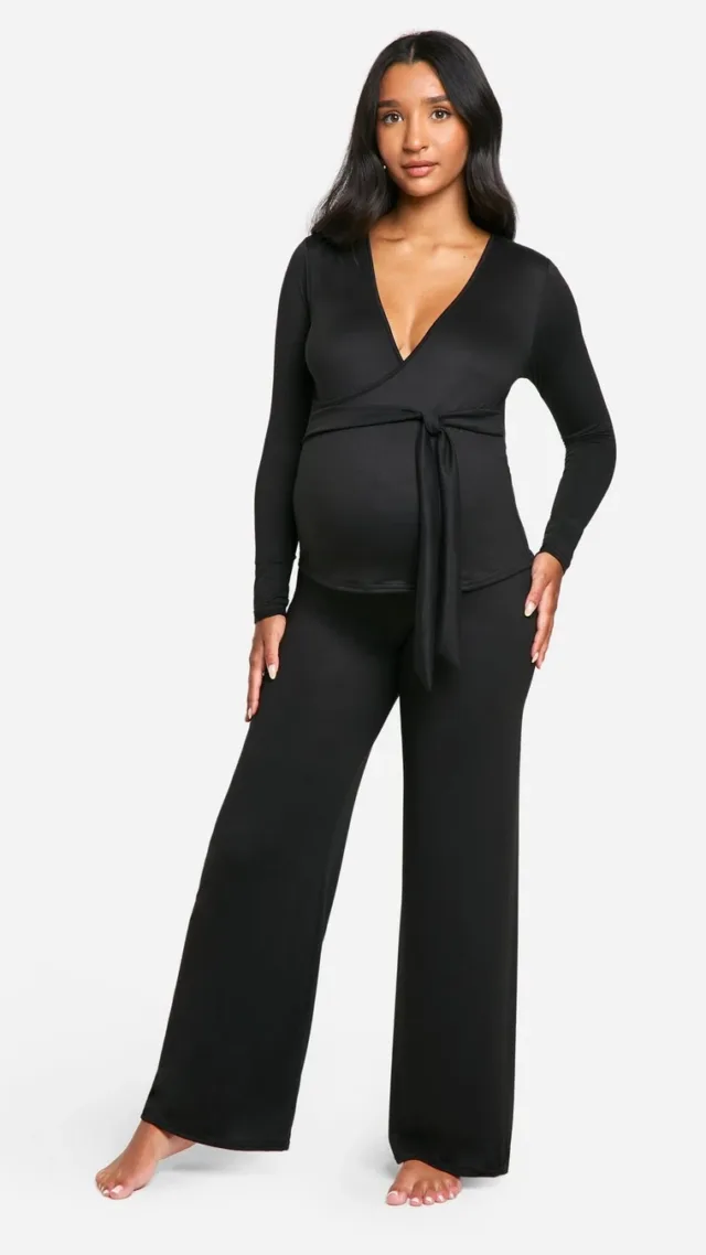 Black Maternity Super Soft Wrap Belted Top Lounge Set