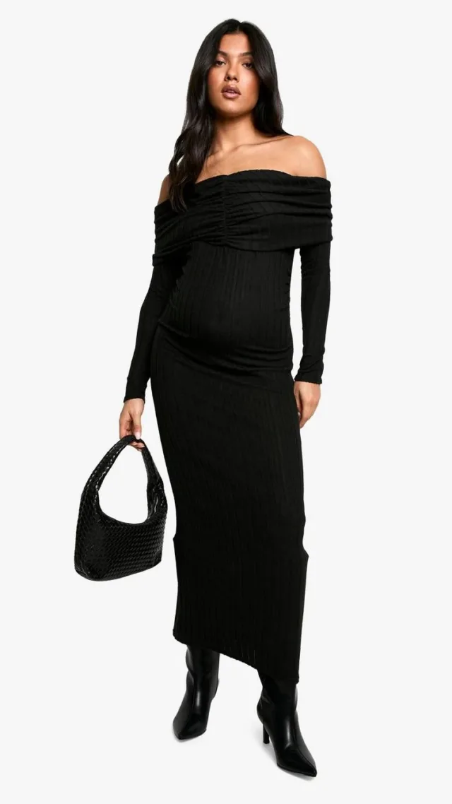 Black Maternity Textured Bardot Long Sleeve Maxi Dress