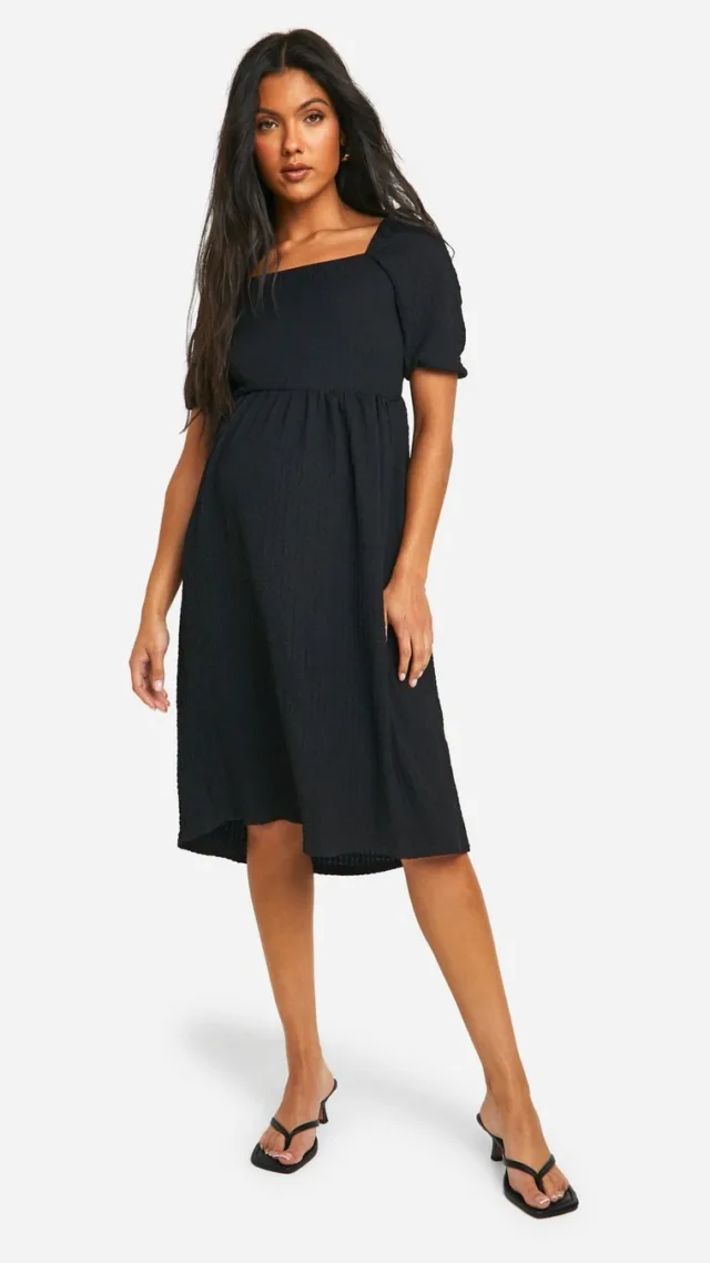 Black Maternity Textured Jersey Knit Midi Smock Dress