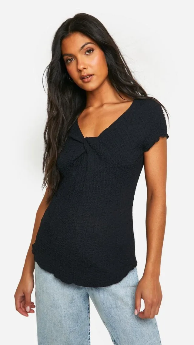 Black Maternity Textured Knot Front T-Shirt