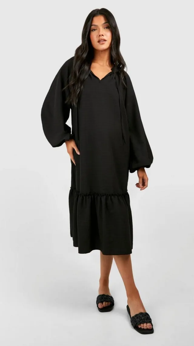 Black Maternity Textured Midi Smock Dress