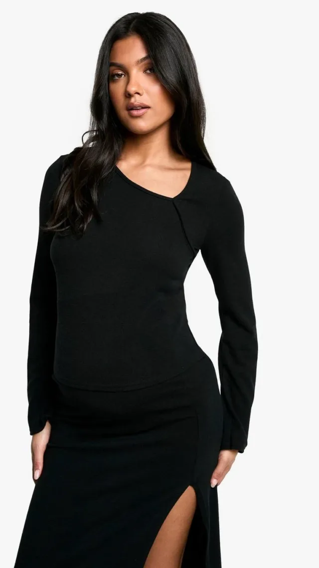 Black Maternity Textured Rib Aymmetric Neck Long Sleeve Top