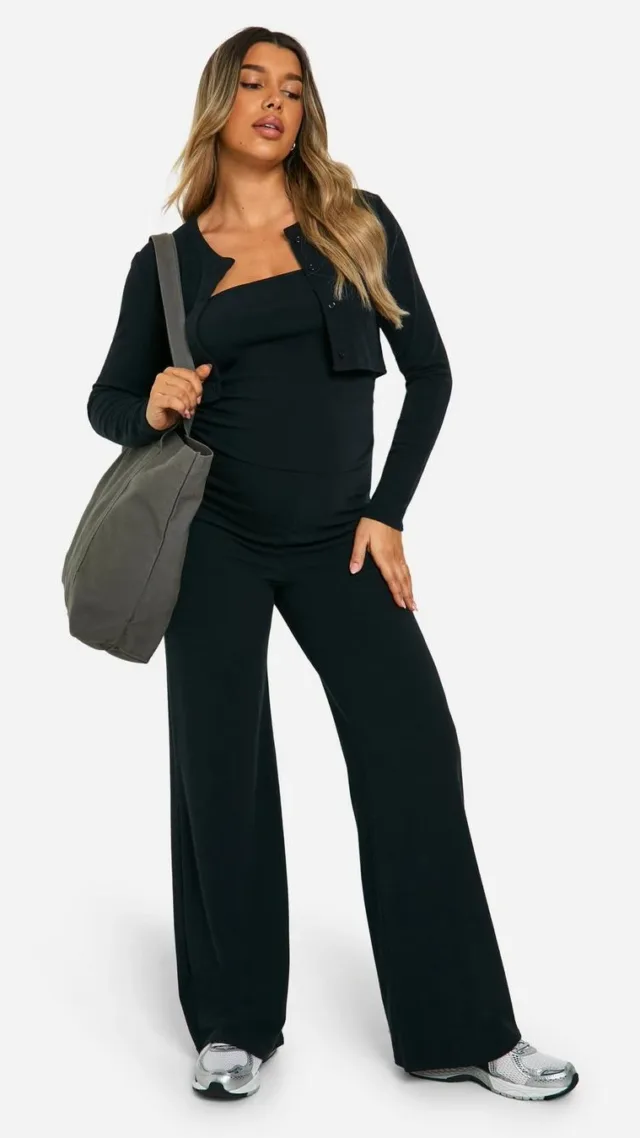 Black Maternity Textured Rib Bandeau Ruched Top Wide Leg Jumpsuit & Cardigan Set