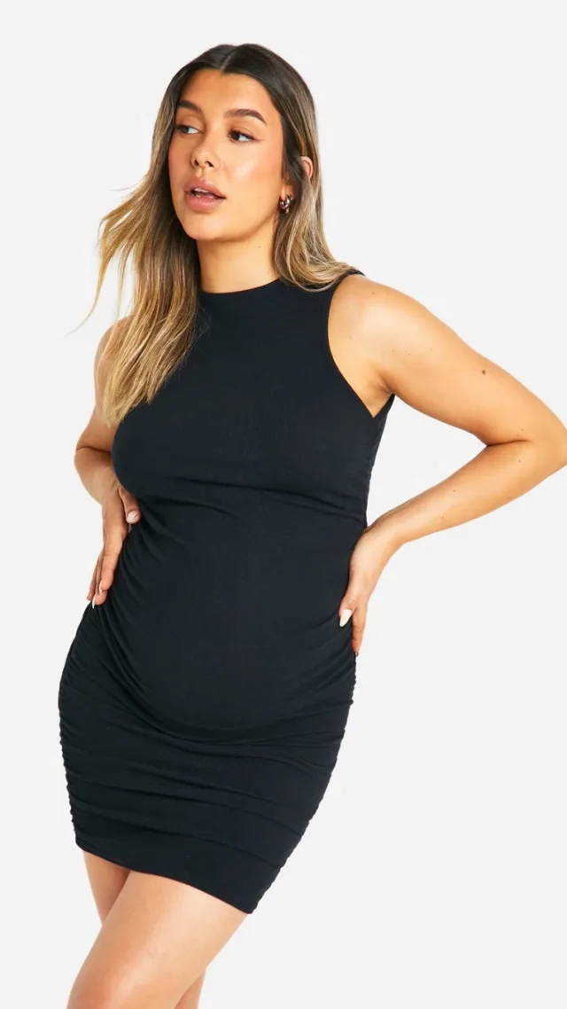 Black Maternity Textured Rib Exaggerated Ruched Side Detail Racer Mini Dress