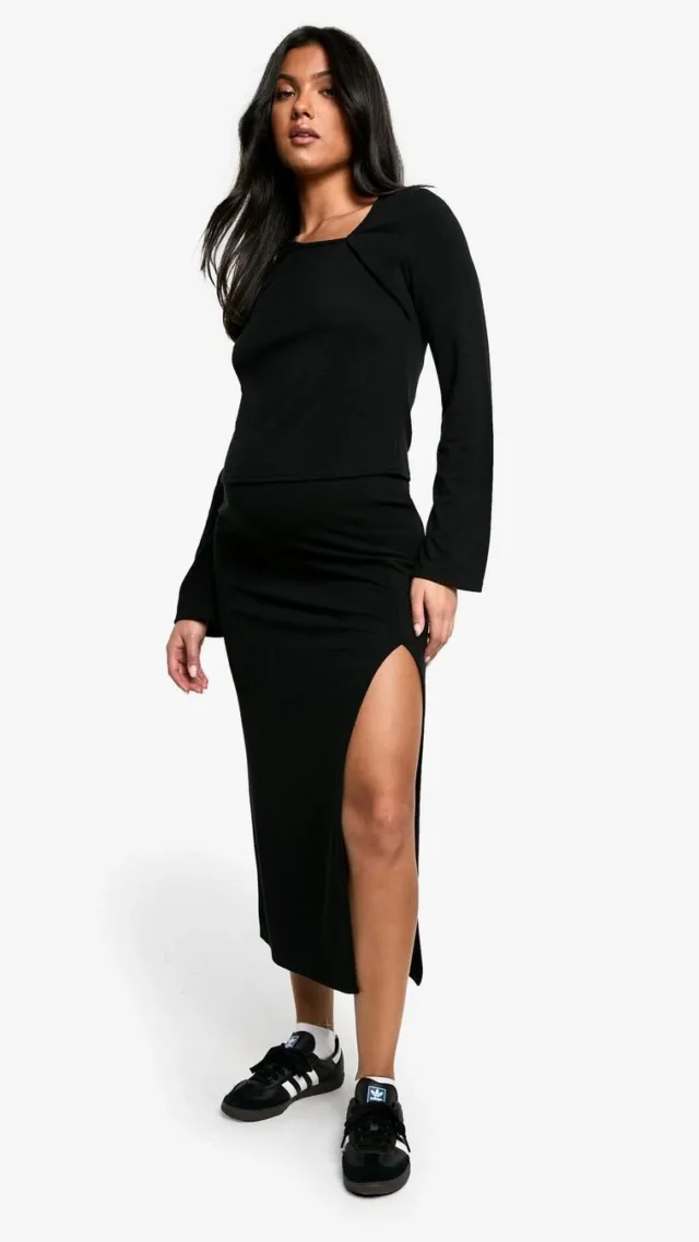 Black Maternity Textured Rib Midaxi Skirt