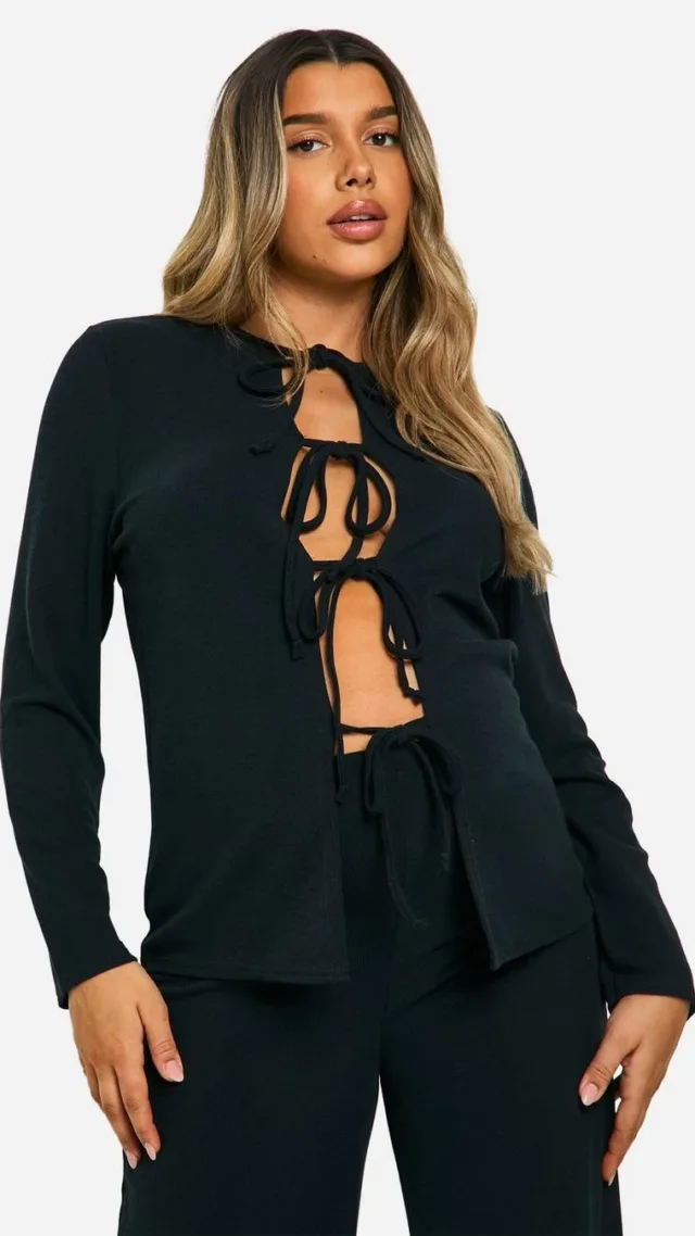 Black Maternity Textured Rib Tie Front Detail Cardigan