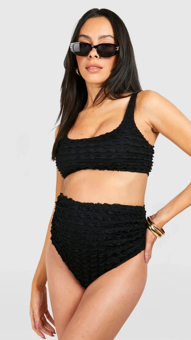 Black Maternity Textured Ruffle High Waist Bikini Set