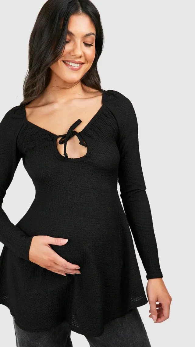 Black Maternity Textured Tie Front Smock Top