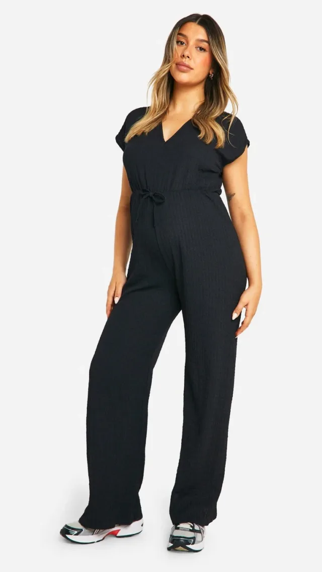 Black Maternity Textured V- Neck Belted Jumpsuit