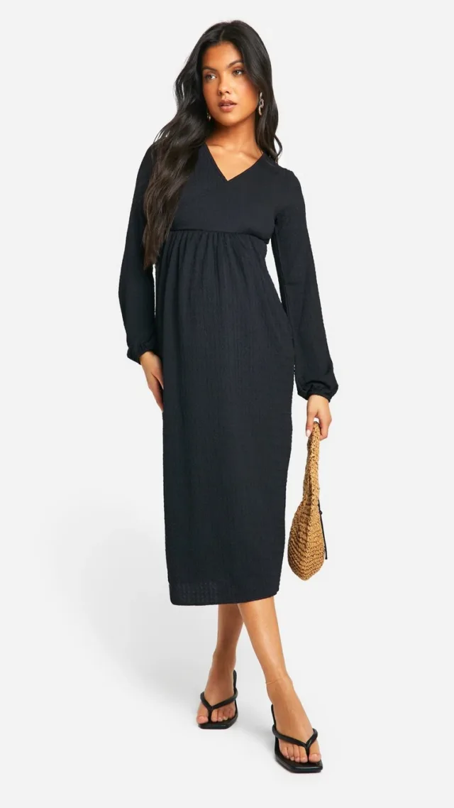 Black Maternity Textured Wrap Over Long Sleeve Midi