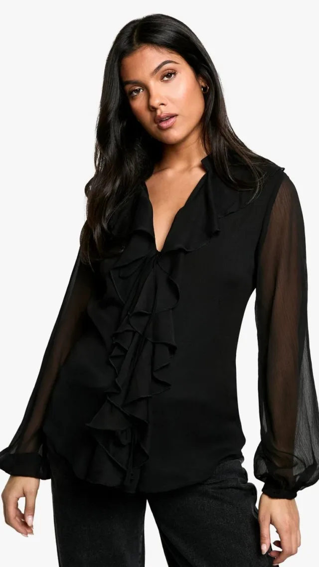 Black Maternity Tie Front Longline Frill Detail Blouse