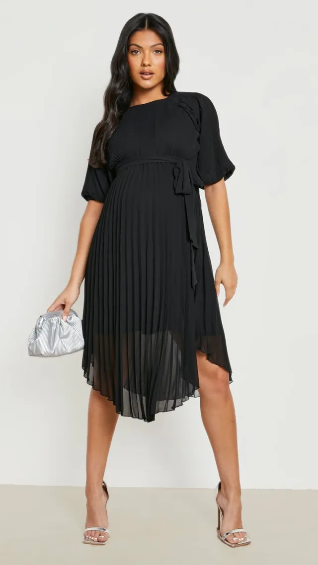 Black Maternity Tie Waist Pleated Puff Sleeve Midi Dress