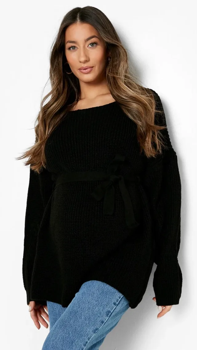 Black Maternity Tie Waist Sweater