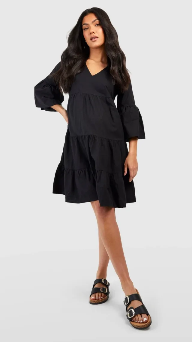 Black Maternity Tiered Smock Dress