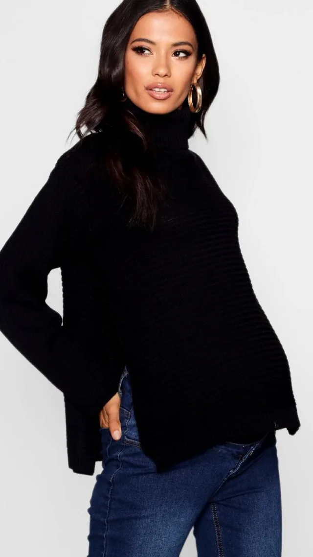 Black Maternity Turtleneck Sweater With Side Split