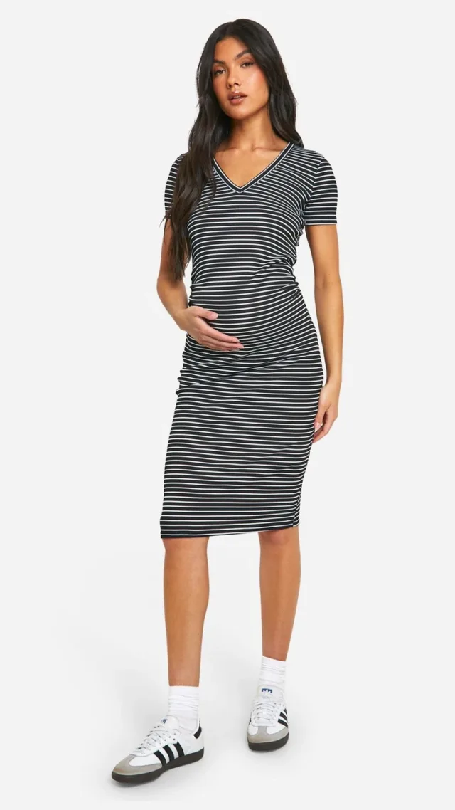 Black Maternity V Neck Striped Rib Midi Bodycon Dress