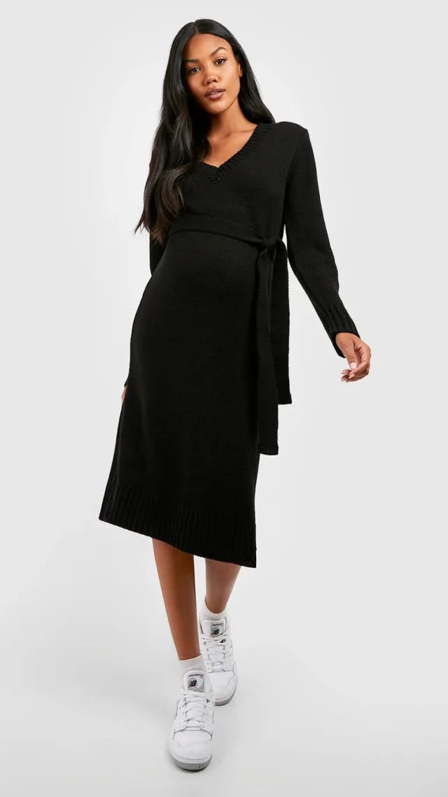 Black Maternity V Neck Sweater Midi Dress