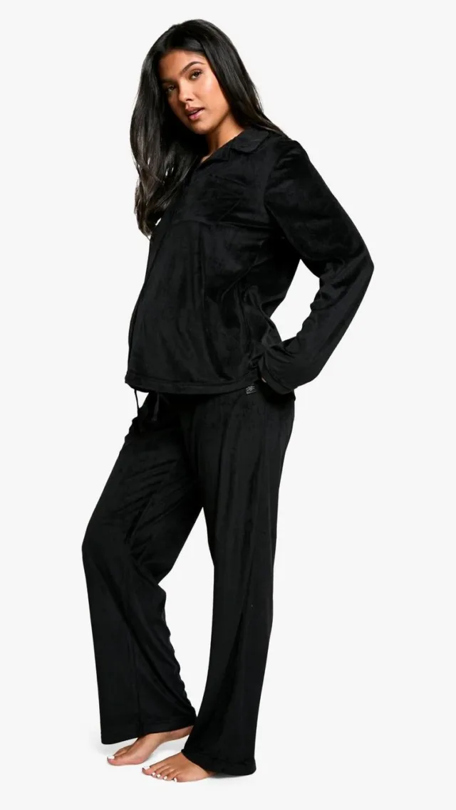 Black Maternity Velour Fleece Button Up Pj Set