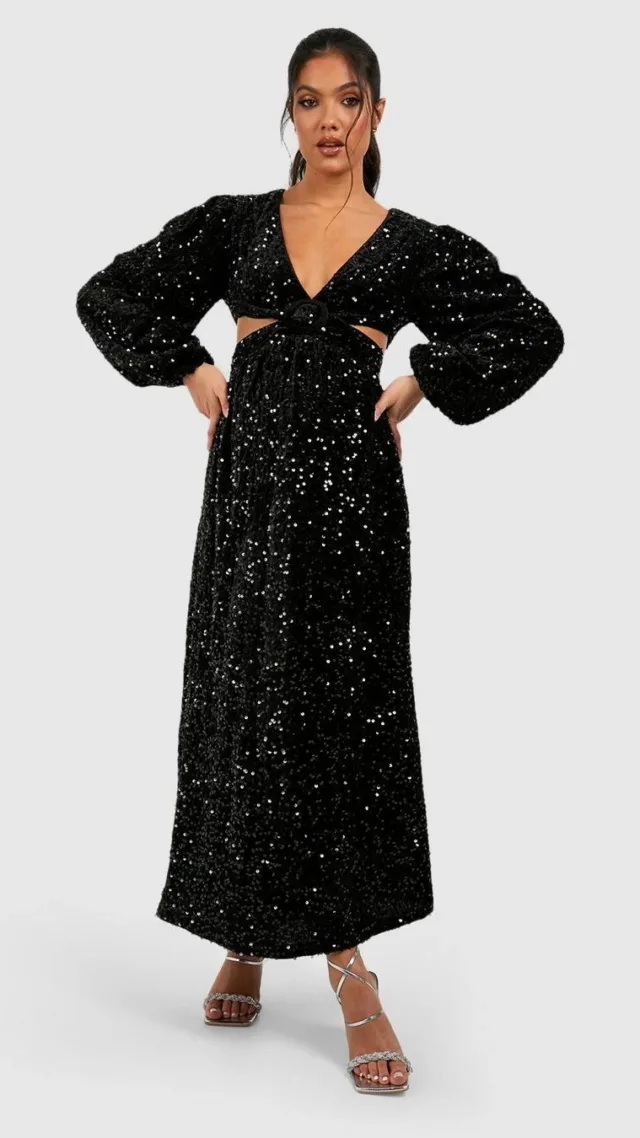 Black Maternity Velvet Sequin O Ring Midi Dress