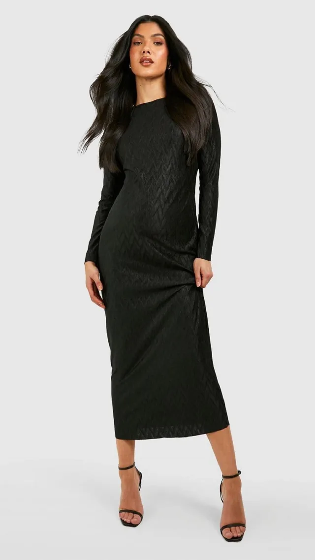 Black Maternity Wave Plisse Column Midi Dress