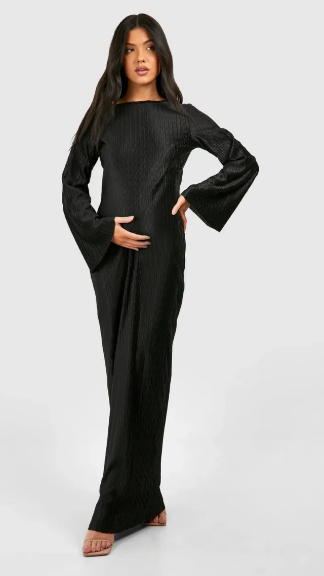 Black Maternity Wave Plisse Flared Sleeve Column Midi Dress