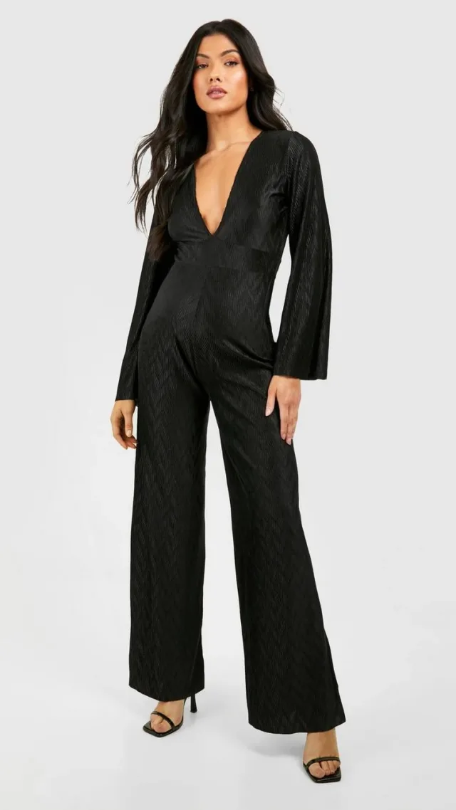 Black Maternity Wave Plisse V Neck Wide Leg Jumpsuit