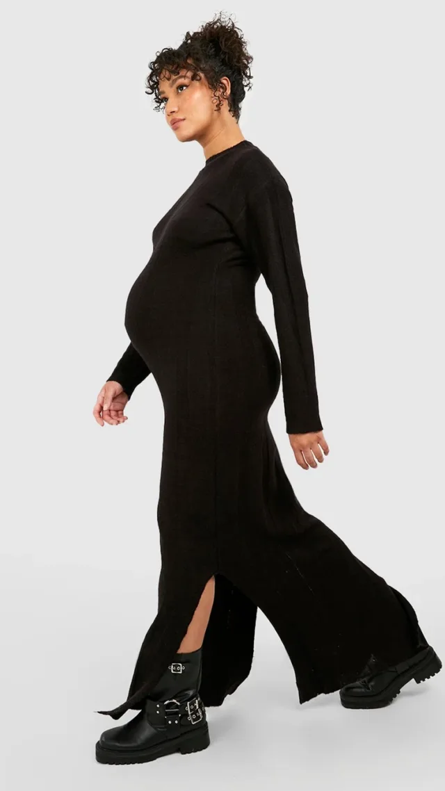 Black Maternity Wide Rib Knitted Maxi Dress