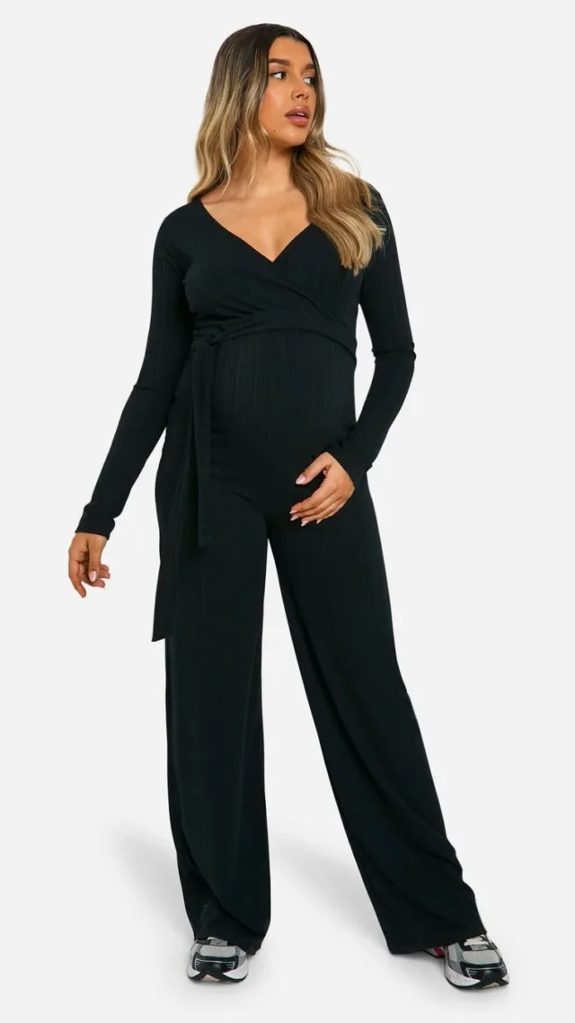 Black Maternity Wide Soft Rib Wrap Tie Detail Wide Leg Jumpsuit