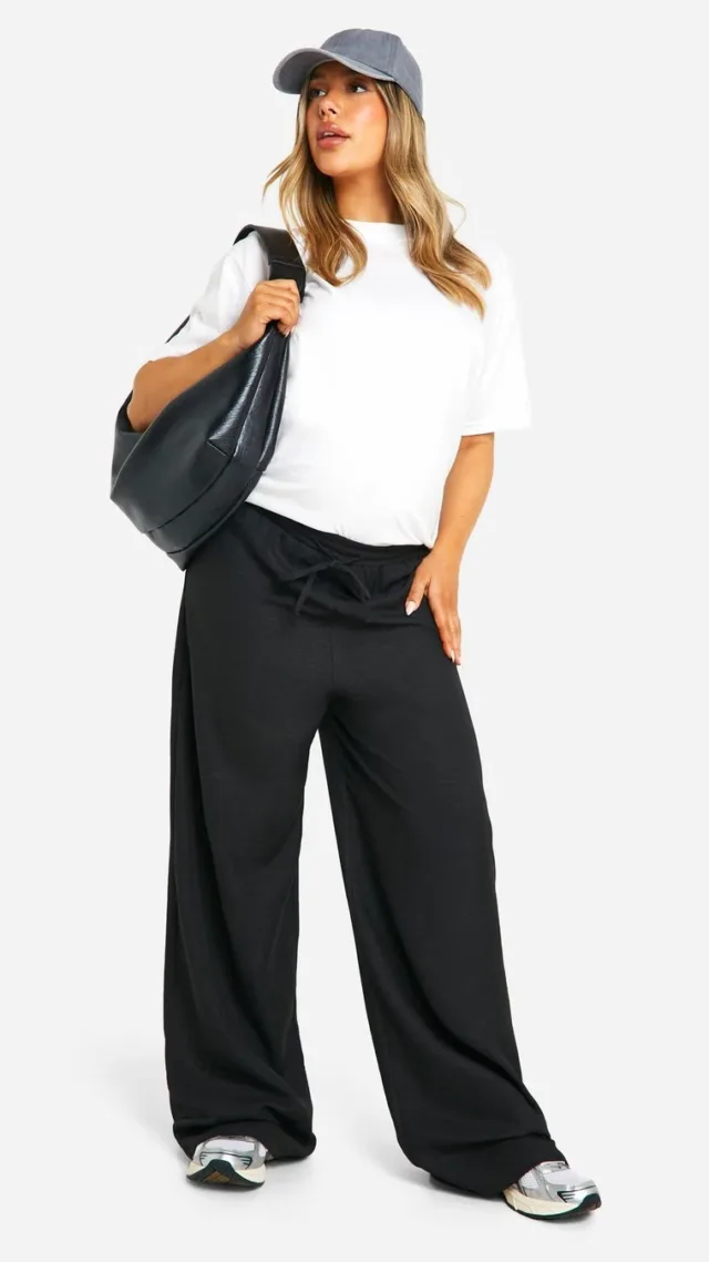 Black Maternity Woven Tie Waist Wide Leg Trousers