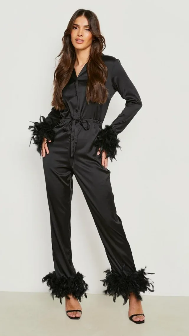 Black Satin Feather Detail Jumpsuit