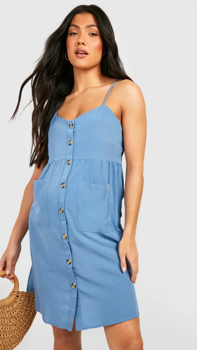 Blue Maternity Button Front Pocket Smock Dress