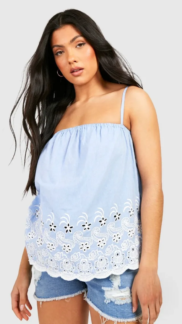 Blue Maternity Embroidered Hem Swing Camisole