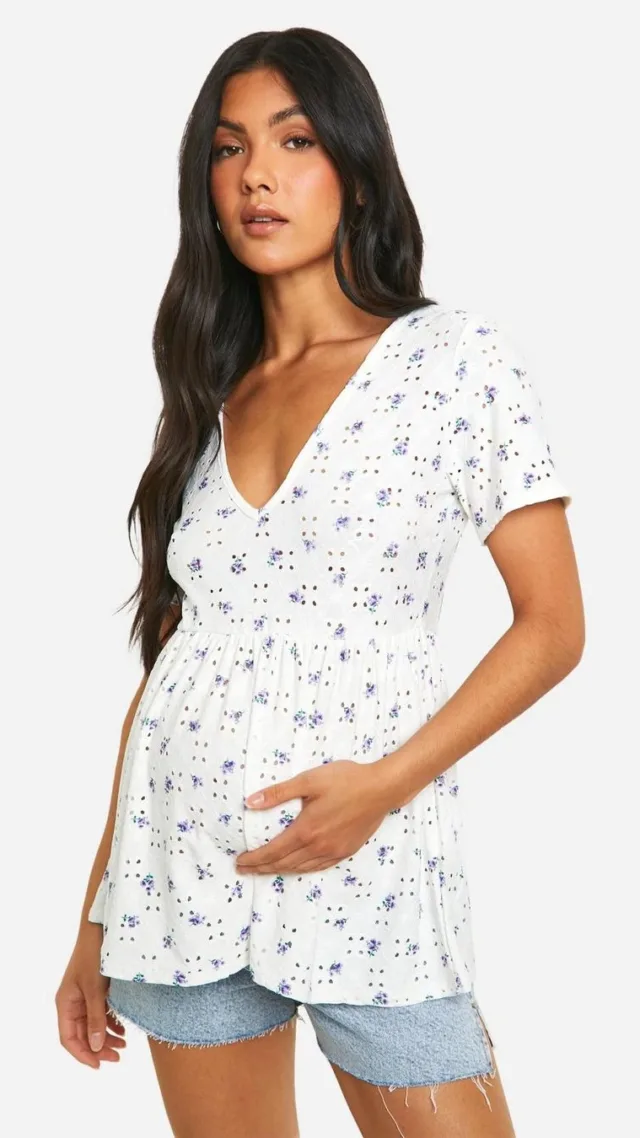 Blue Maternity Floral Jersey Knit Eyelet Short Sleeve Smock Top