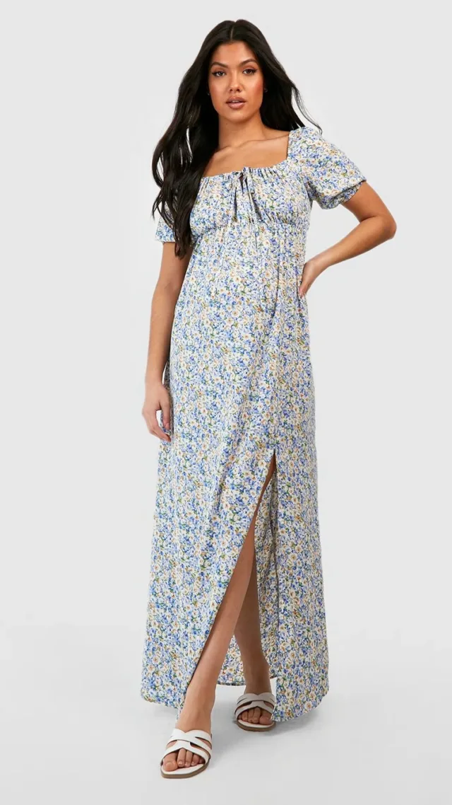 Blue Maternity Floral Tie Front Maxi Dress