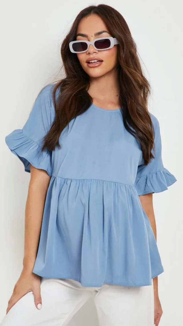 Blue Maternity Frill Cross Back Smock Top