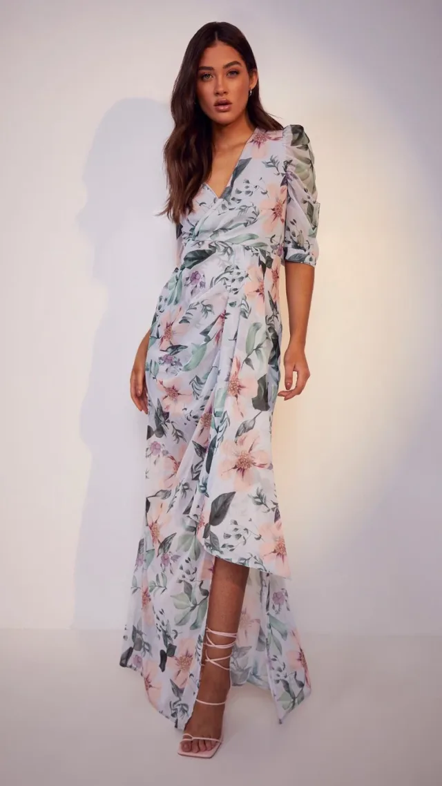 Blue Maternity Occasion Floral Puff Sleeve Maxi Dress