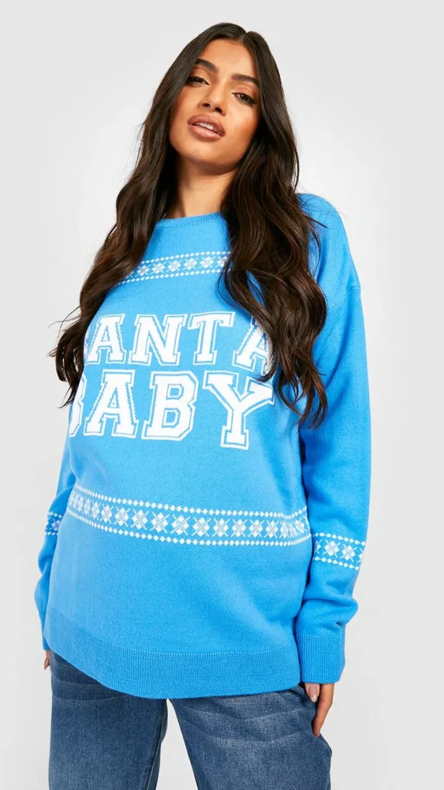 Blue Maternity Santa Baby Christmas Sweater