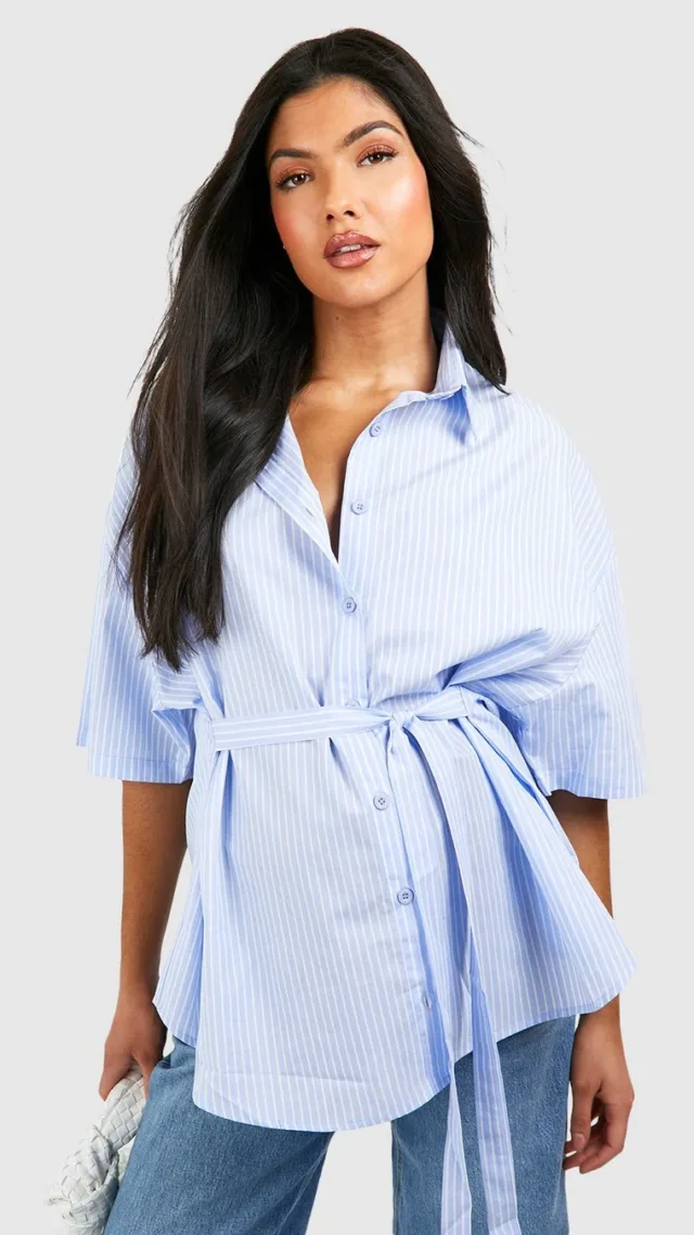 Blue Maternity Tie Detail Stripe Shirt