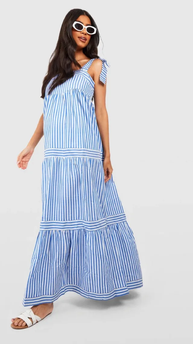 Blue Maternity Tie Shoulder Woven Stripe Maxi Dress