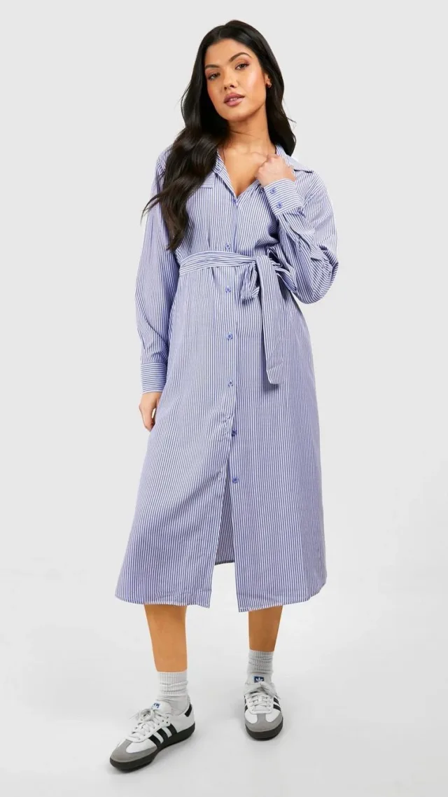 Blue Maternity Tie Waist Stripe Shirtdress