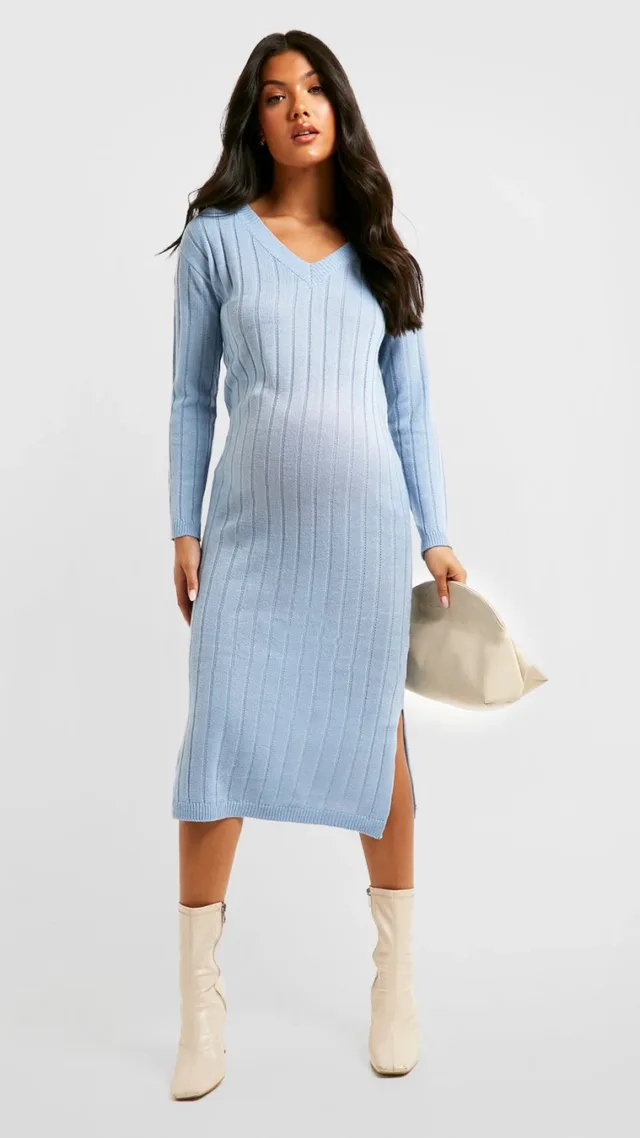 Blue Maternity V Neck Slouchy Knitted Midi Dress