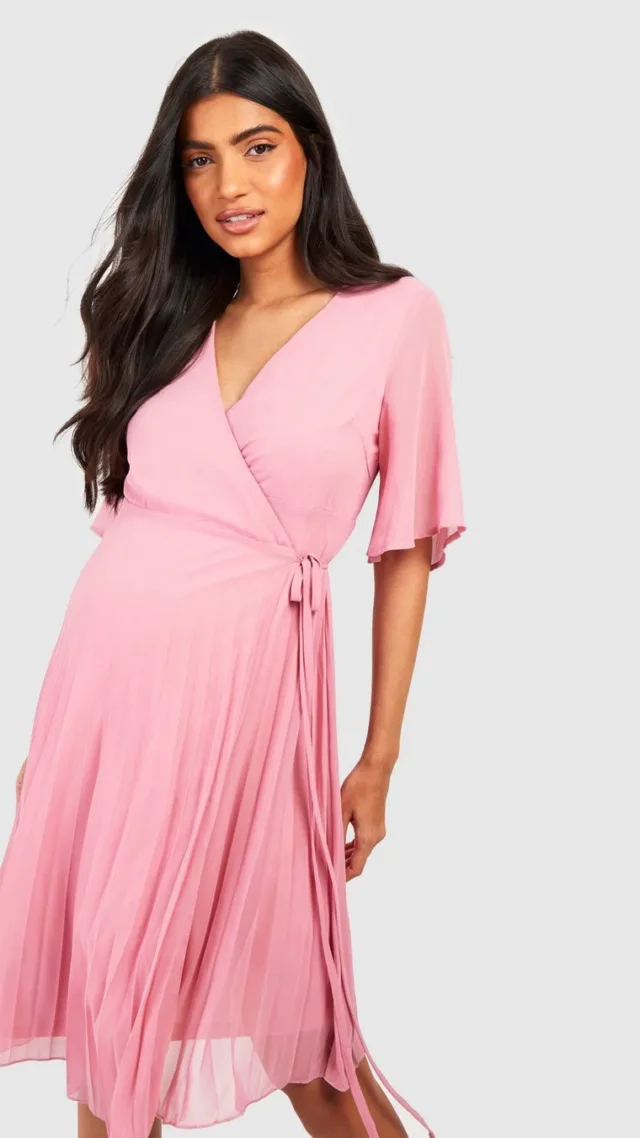 Blush Maternity Pleated Wrap Midi Skater Dress