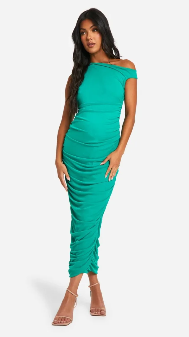 Bright Green Maternity Mesh Asymmetric Neck Ruched Midi Dress