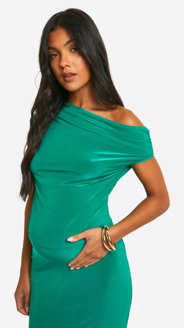 Bright Green Maternity Slinky Asymmetric Neck Top