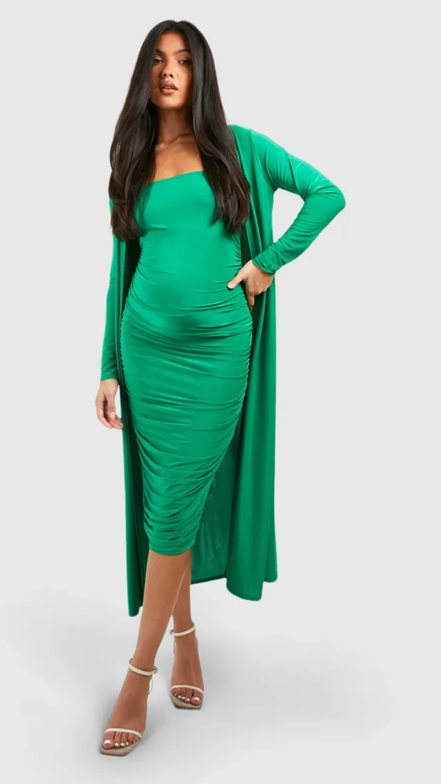 Bright Green Maternity Square Neck Ruched Duster Dress Set