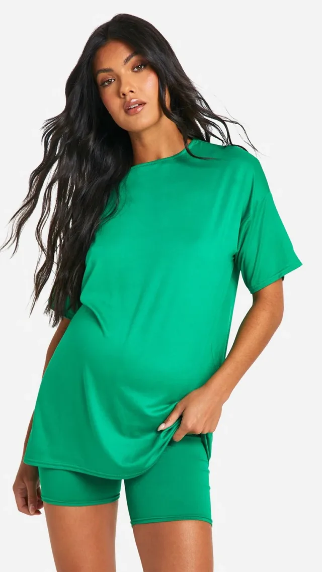 Bright Green Maternity Super Soft Oversized T-Shirt And Biker Short Set