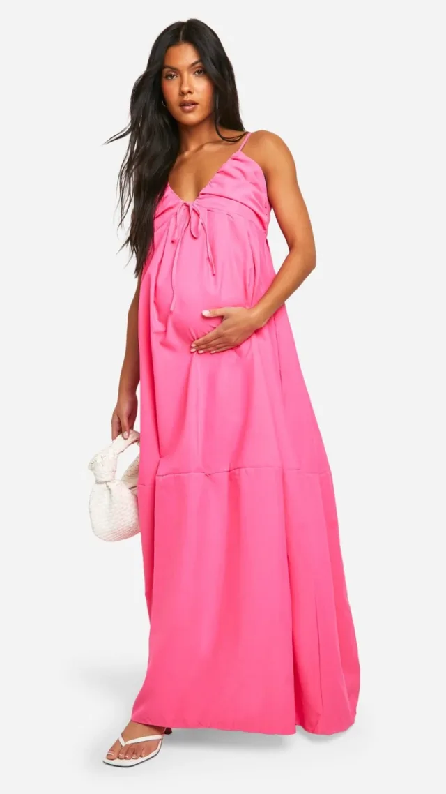 Bright Pink Maternity Linen Look Strappy Maxi Dress