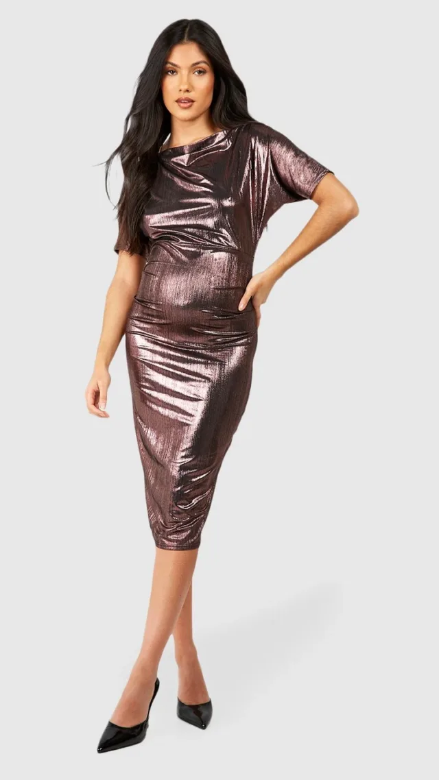 Bronze Maternity Pleated Metallic Boat Neck Midi Dress