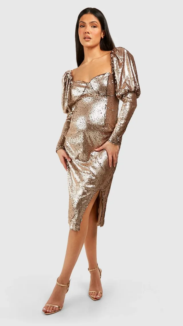 Bronze Maternity Sequin Puff Sleeve Dress