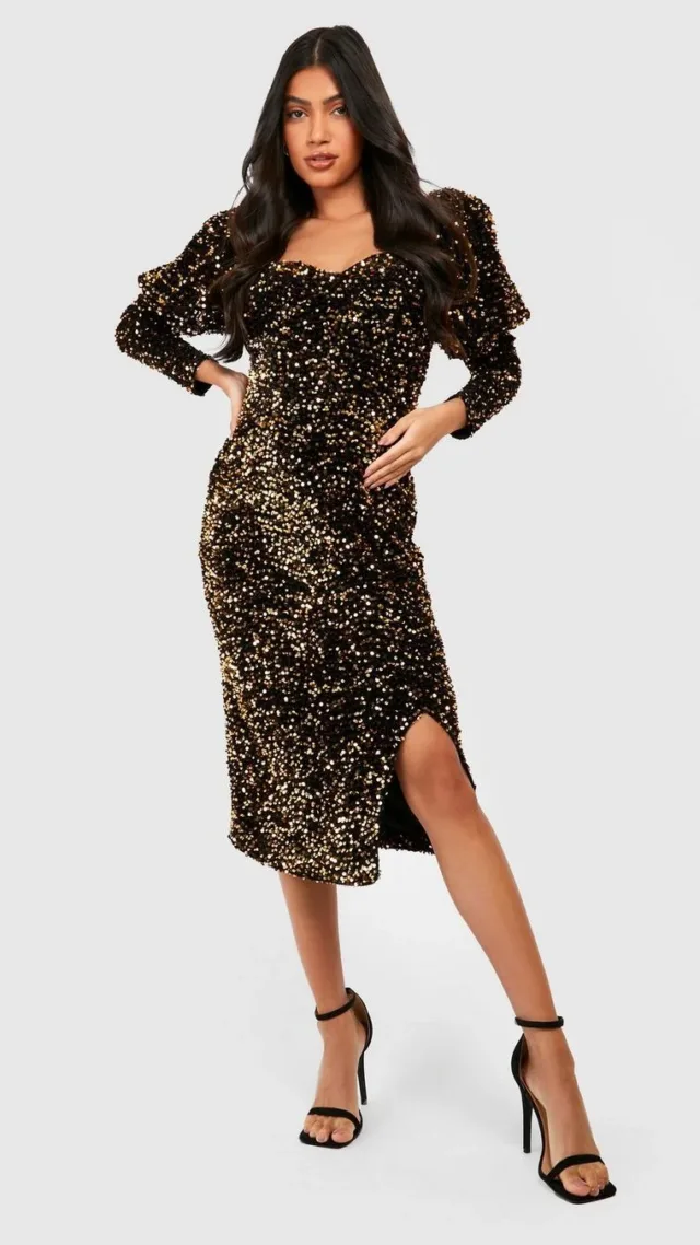 Bronze Maternity Velvet Sequin Puff Sleeve Dress